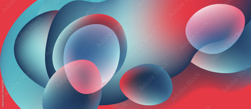 Poster abstract composition featuring overlapping circles. blue, red hues blend creating fluid, modern visu