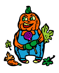 Vector illustration of colored halloween pumpkin character with candy on white isolated background