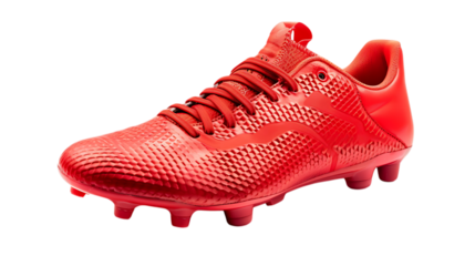 Illustration of closeup of a red soccer cleat, a type of athletic footwear designed for playing soccer, isolated on transparent background it is used for training, game, and competition