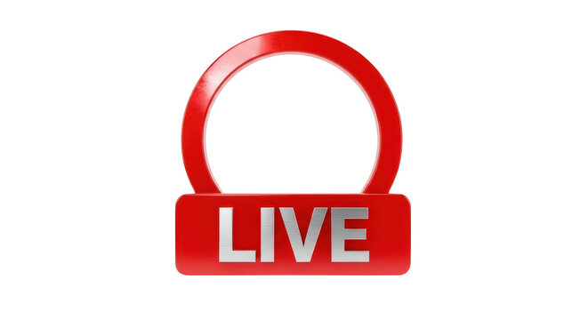 Red Live Broadcast Icon with Silver Text streaming video isolated on a transparent background