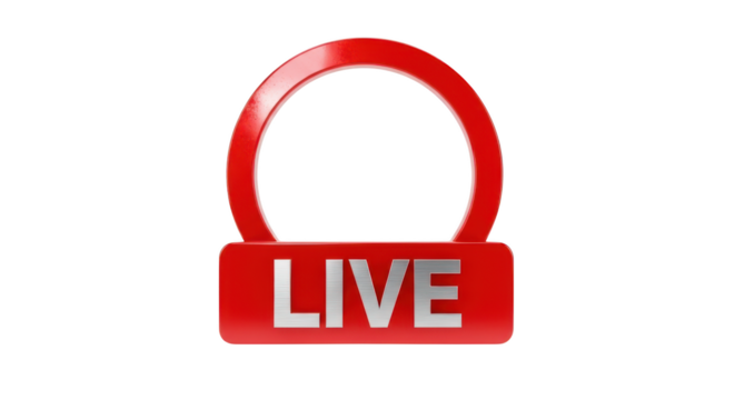 Red Live Broadcast Icon with Silver Text streaming video isolated on a transparent background