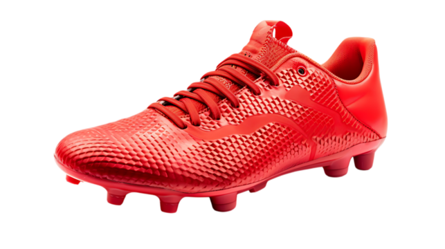 Illustration of closeup of a red soccer cleat, a type of athletic footwear designed for playing soccer, isolated on transparent background it is used for training, game, and competition