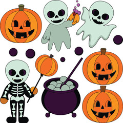 Collection of spooky halloween characters and festive symbols for design projects