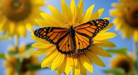 Vibrant monarch butterfly gracefully perches on a sunny sunflower blossom