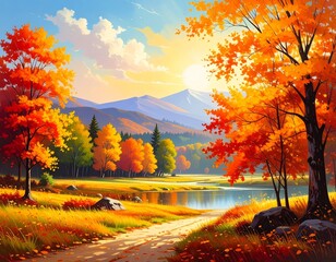 Obraz premium Beautiful autumn park with lake, golden leaves, and mountain view at sunset.