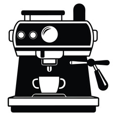 Black and White Espresso Machine with Cup and Lever Handle Illustration