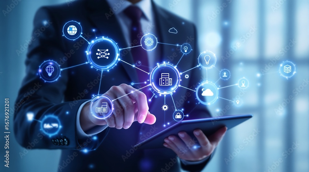 Poster businessman using digital tablet for cloud computing iot big data and digital transformation concept