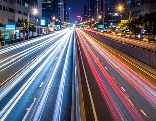 Fototapeta premium Night cityscape highway with blurred light trails of moving vehicles.