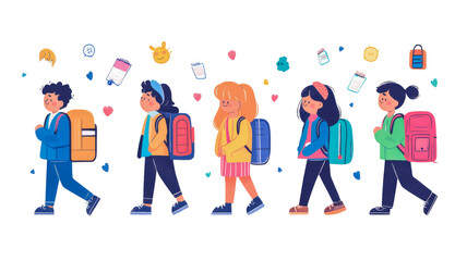 Vibrant cartoon illustration of diverse elementary school children walking with colorful backpacks, surrounded by playful learning symbols and hearts, embodying education and friendship.