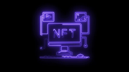 Glowing neon animation of nft display connecting digital assets on a black background - Powered by Adobe