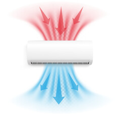 Air conditioner, blue cooling and red heating, with airflow direction illustration and indicators.