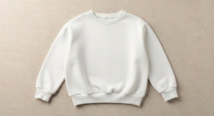 Cozy white crewneck sweatshirt lay flat on textured beige blanket for fashion photography mockup