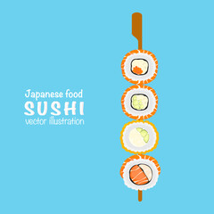 Flat vector illustration of various sushi rolls on skewers, stuffed with salmon and cucumber. Creative Japanese food design for a restaurant, menu, or Asian food concept, healthy food.