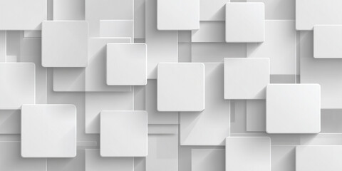 White squares of various sizes overlap with soft shadows creating a geometric abstract pattern.