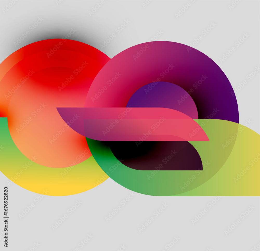 Poster abstract colorful overlapping circles create dynamic composition. gradients shift between red, purpl