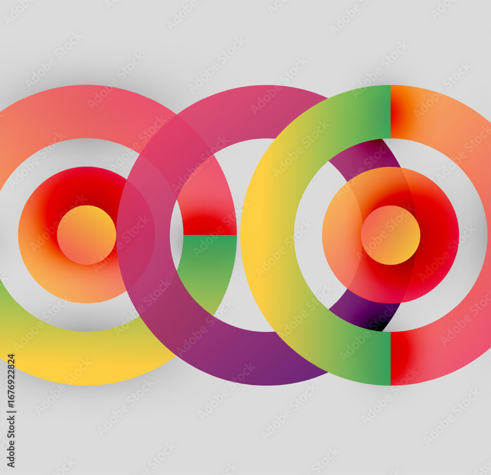 Poster colorful overlapping circles create abstract design. gradient shades blend, forming vibrant visual c