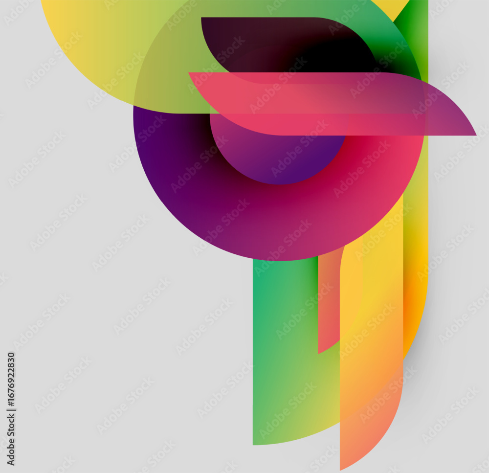 Poster abstract colorful shapes overlap, creating dynamic composition. gradients blend hues, forming modern