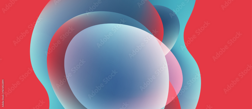 Poster abstract fluid shapes overlap, creating soft color blends. red background contrasts with cool blues,