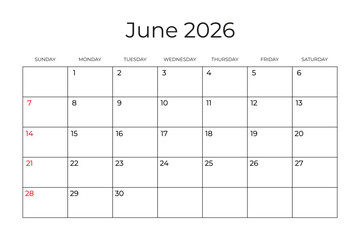 Printable Monthly Calendar template for June 2026. Week Starts on SUNDAY. Wall Calendar in a Minimalist Style. Simple and clean design. Ready to print. Vector illustration