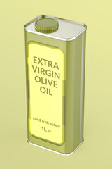 Extra virgin olive oil tin can on shiny background