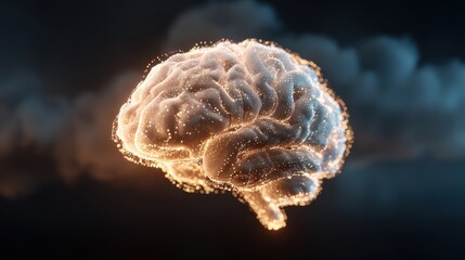 Fototapeta premium Illuminated Mind: An abstract representation of the human brain, glowing with ethereal light against a backdrop of dark and smoky elements.