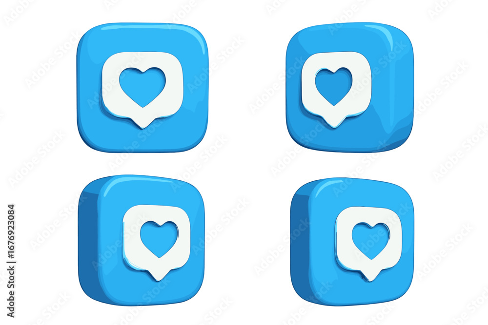 Poster 3d like icon collection. social media notification symbol with heart in speech bubble. app logo butt