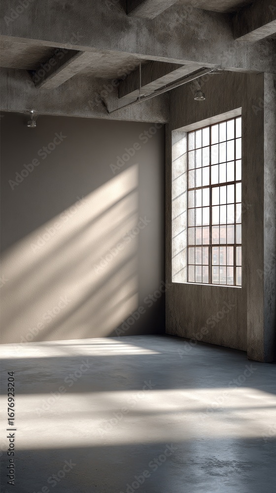Poster bright sunlight filters through large windows in an empty industrial space with concrete walls