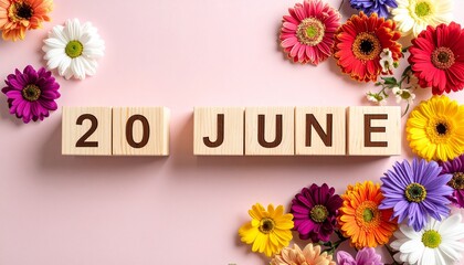Wooden Blocks with Date 20 June. Floral Calendar – Vibrant Flowers on Solid Colored Background