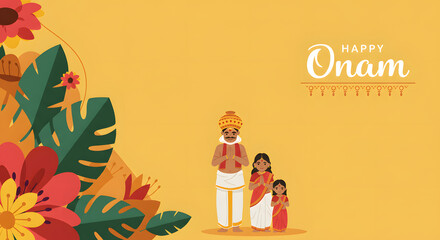 Fototapeta premium Happy onam festival greeting card with an indian family a concept for the kerala harvest celebration culture tradition and a happy holiday
