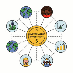 Fototapeta premium A vibrant illustration depicting sustainable investment, showcasing the vital link between financial prosperity, global environmental protection, and social well-being.
