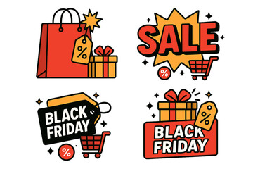 Black Friday sale sticker set. Vector cartoon illustration for social media and advertising. Shopping icons with gift, cart, and discount price tag for retail promotion.
