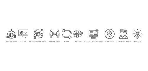 change management banner concept with icon of management, system, change management, interaction, cycle, change, content management, exchange, communication, and solution









