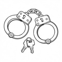 A black and white line drawing of a pair of metal police handcuffs with attached keys.