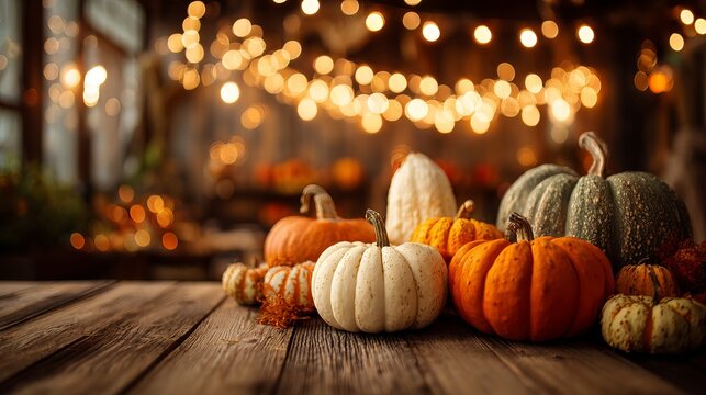 Warm autumn harvest bounty with glowing lights creating cozy seasonal ambiance
