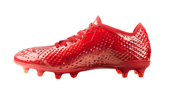 Illustration of a single red football cleat isolated on transparent background, showcasing its design, laces, and sole, perfect for sports and athletic performance, emphasizing speed and agility