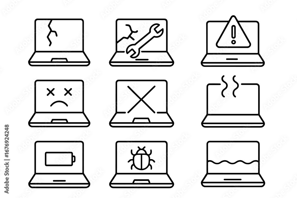 Poster broken laptop line icon set. computer repair and device problem vector symbols. technical service, t