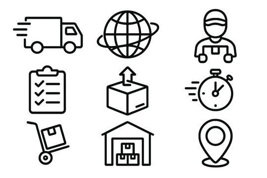 Delivery and transport vector line icon set. Logistics, shipping, fast courier, worldwide distribution, order tracking, warehouse, package, express service outline symbols.
