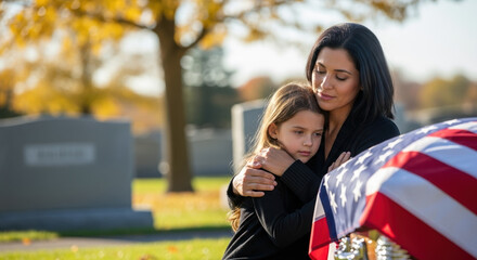 Mourning scene shows a woman comforting a child after a loss, a moment of grief in autumn. Moment of grief and consolation at graveside represents the pain of loss, with American flag draped coffin.