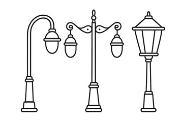 Street lamp outline icon set. Lamppost linear vector illustration. Classic urban street light symbol for web design, app, ui, ux. Vintage city lantern pictogram collection.