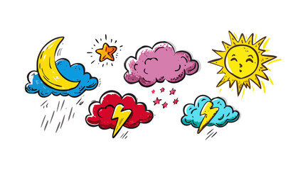 Cartoon weather icons with sun moon and clouds comic