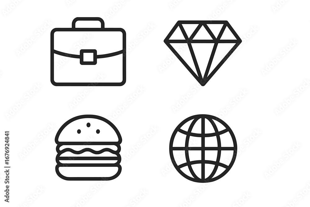 Poster universal line icon collection with business briefcase, diamond, food, and globe symbols. simple iso