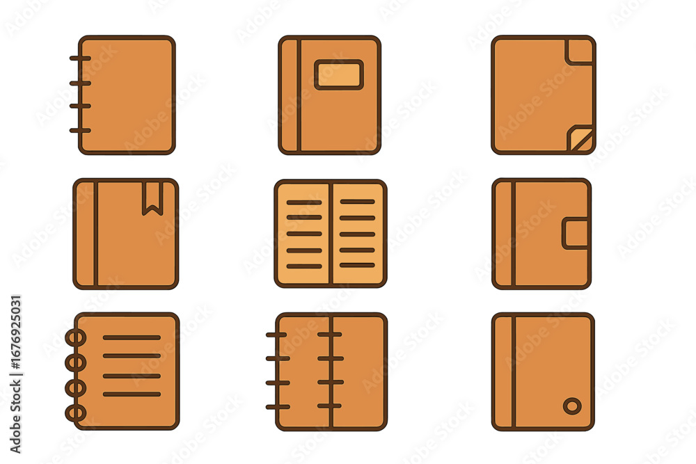 Poster notebook and diary color outline icon set. collection of linear pictograms for web and graphic desig