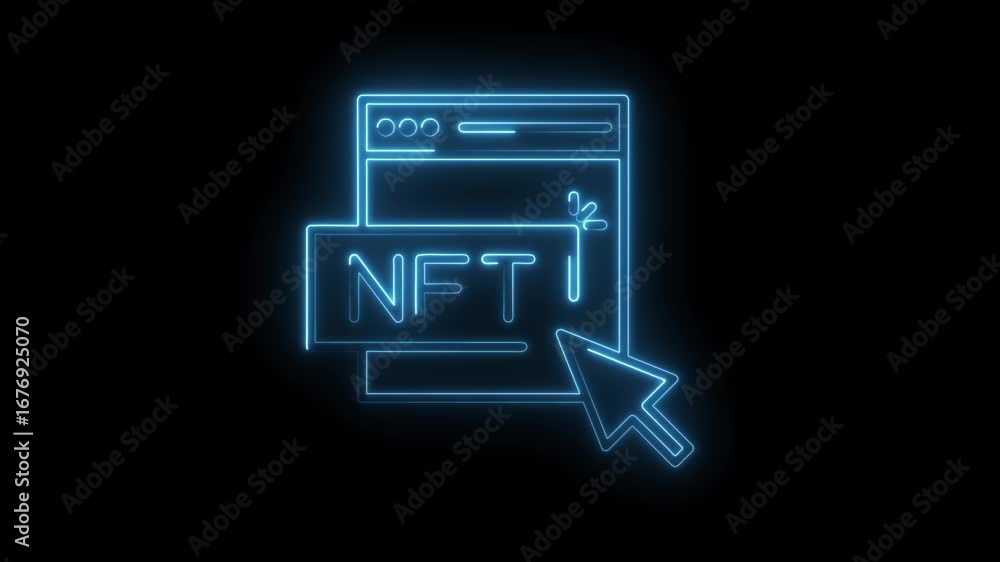 Aufkleber glowing nft concept with neon web browser and mouse cursor on black background