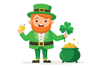 Cartoon leprechaun with clover, beer and pot of gold