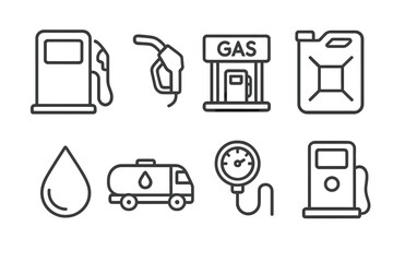 Gas station line icons. Fuel pump, petrol, nozzle, canister, oil drop, tanker symbols. Automotive service, energy industry concept. Minimalist vector illustration set, editable stroke.