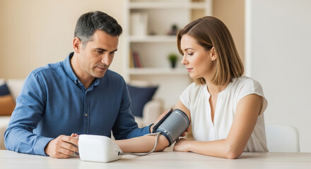 Obraz premium Man checking blood pressure of his partner at home, in a scene emphasizing health and care. Checking blood pressure ensures wellbeing and a healthy lifestyle, creating peace of mind.