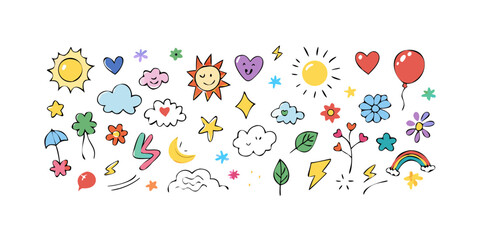 Cheerful doodle icons heart cloud