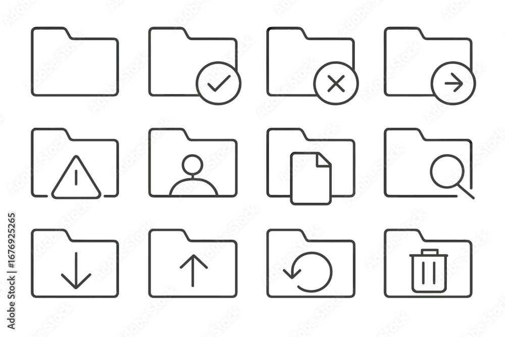 Poster file management line icon set. computer folder pictograms for ui ux design. vector symbols for docum