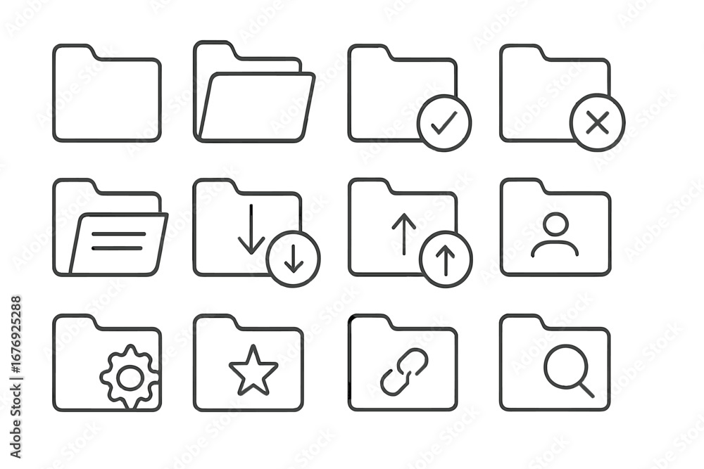 Aufkleber computer folder line icon set. file and document management symbols for ui ux design. pictograms for