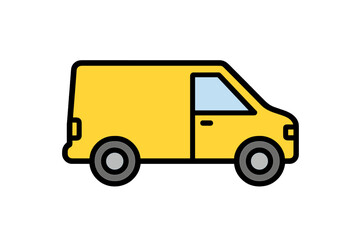 Yellow delivery van icon. Commercial cargo transport vehicle. Flat cartoon vector illustration for logistics and shipping services. Automobile pictogram for web, app, graphic design.